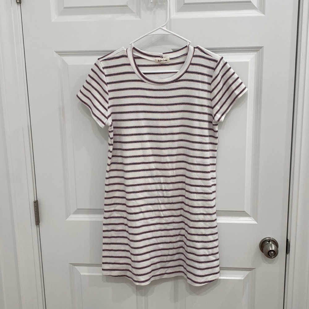 White Rolla Coster t-shirt dress with red and blue stripes. Size medium.